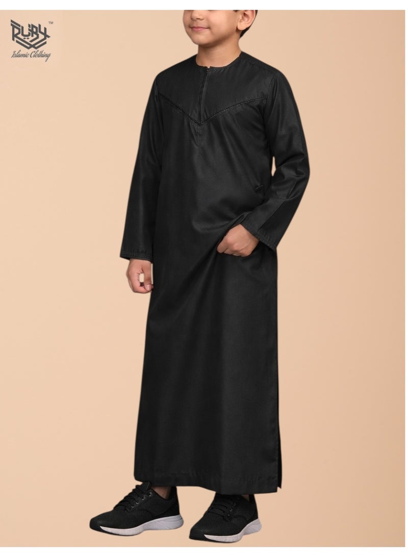 RUBY ISLAMIC CLOTHING Classic Black Emirati Thobe kandura for Children & kids with Intricate Embroidery kandura Kaftan Round Neck Long Sleeve Saudi Arabian Muslim Robe (Without Tussel) - Image 2